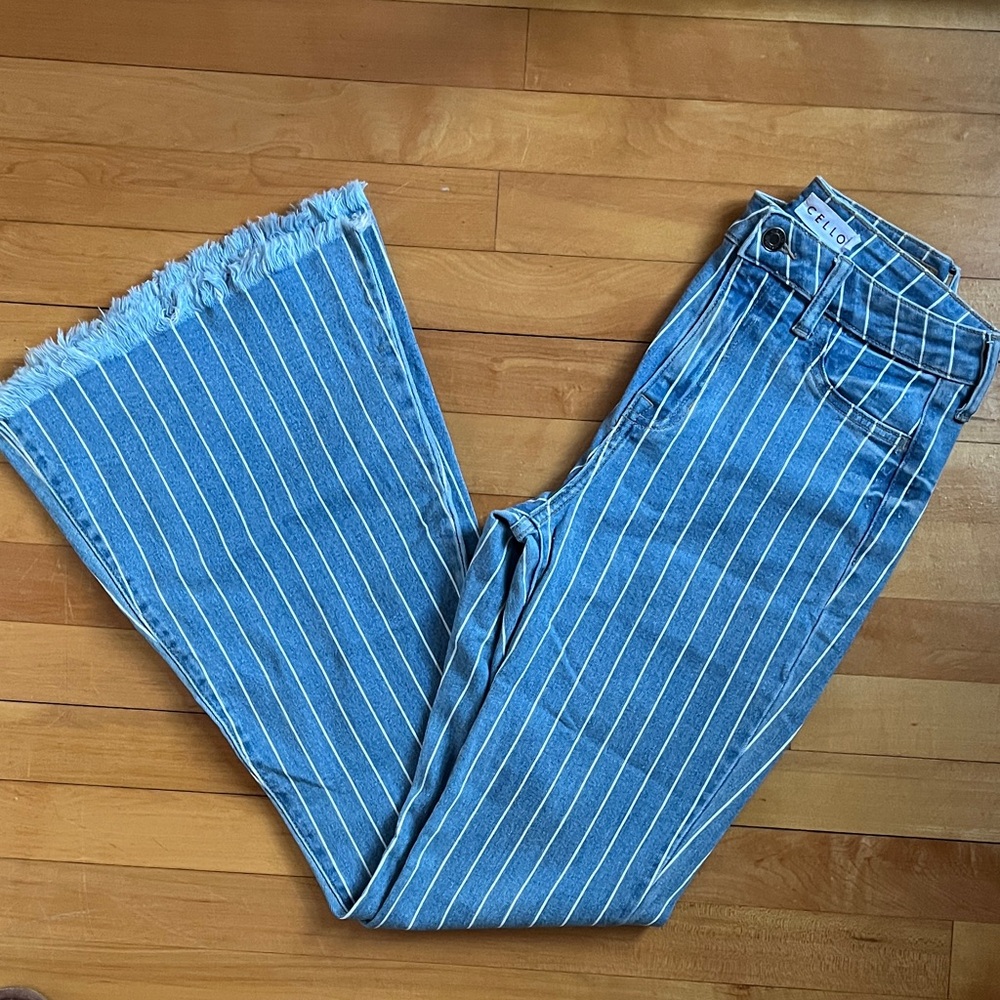 Cello Blue and White Striped ribcage high waisted flare bellbottom jeans